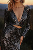Load image into Gallery viewer, Sparkly Black Cut Out Sequin Asymmetrical Cocktail Dress with Sleeves