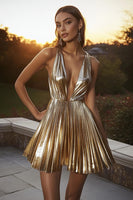 Load image into Gallery viewer, Sparkly A Line Deep V-Neck Short Gold Metallic Cocktail Dress