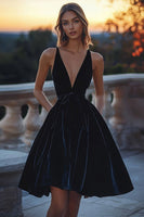 Load image into Gallery viewer, Short Black Deep V-Neck Velvet Cocktail Dress with Sash