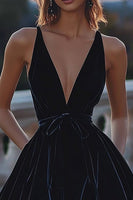 Load image into Gallery viewer, Short Black Deep V-Neck Velvet Cocktail Dress with Sash