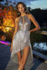 Load image into Gallery viewer, Sparkly Silver High-Low Pleated Metallic Cocktail Dress with Keyhole
