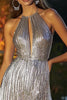Load image into Gallery viewer, Sparkly Silver High-Low Pleated Metallic Cocktail Dress with Keyhole