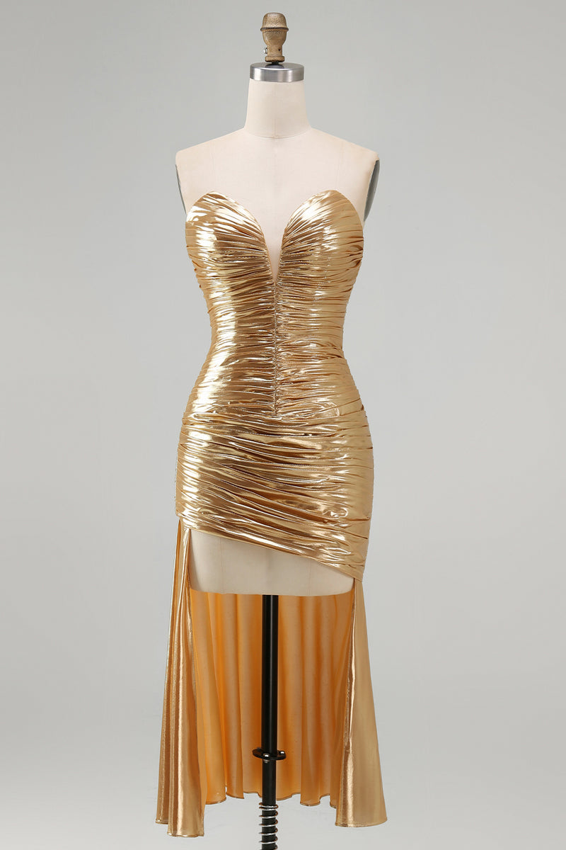 Load image into Gallery viewer, Sparkly Sweetheart Metallic Gold Ruched High-Low Cocktail Dress