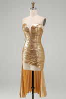 Load image into Gallery viewer, Sparkly Sweetheart Metallic Gold Ruched High-Low Cocktail Dress