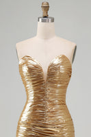 Load image into Gallery viewer, Sparkly Sweetheart Metallic Gold Ruched High-Low Cocktail Dress