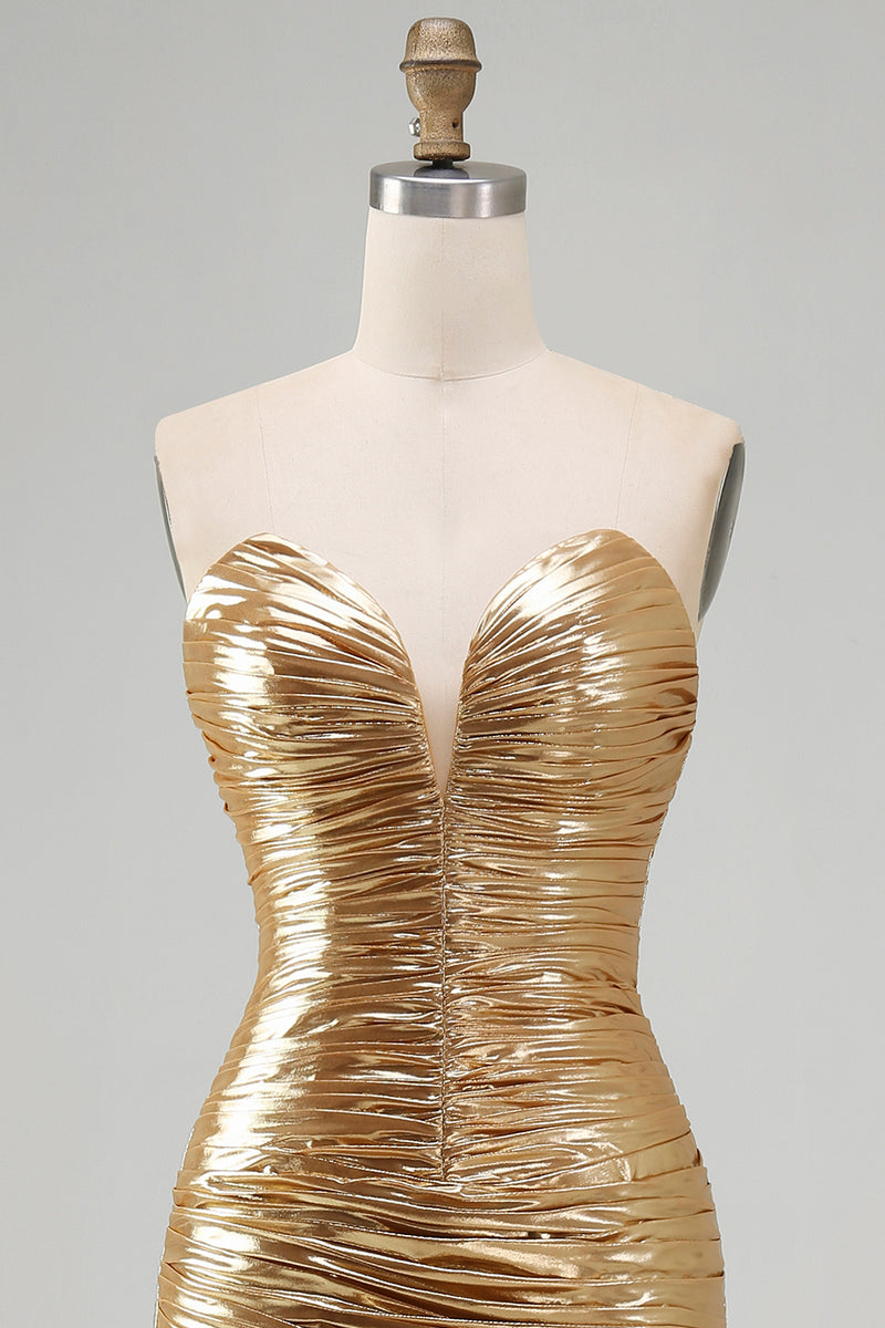 Load image into Gallery viewer, Sparkly Sweetheart Metallic Gold Ruched High-Low Cocktail Dress