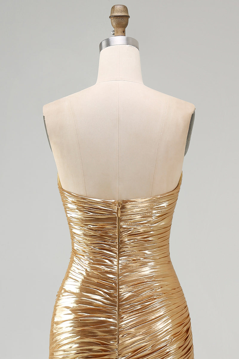 Load image into Gallery viewer, Sparkly Sweetheart Metallic Gold Ruched High-Low Cocktail Dress