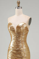 Load image into Gallery viewer, Sparkly Sweetheart Metallic Gold Ruched High-Low Cocktail Dress