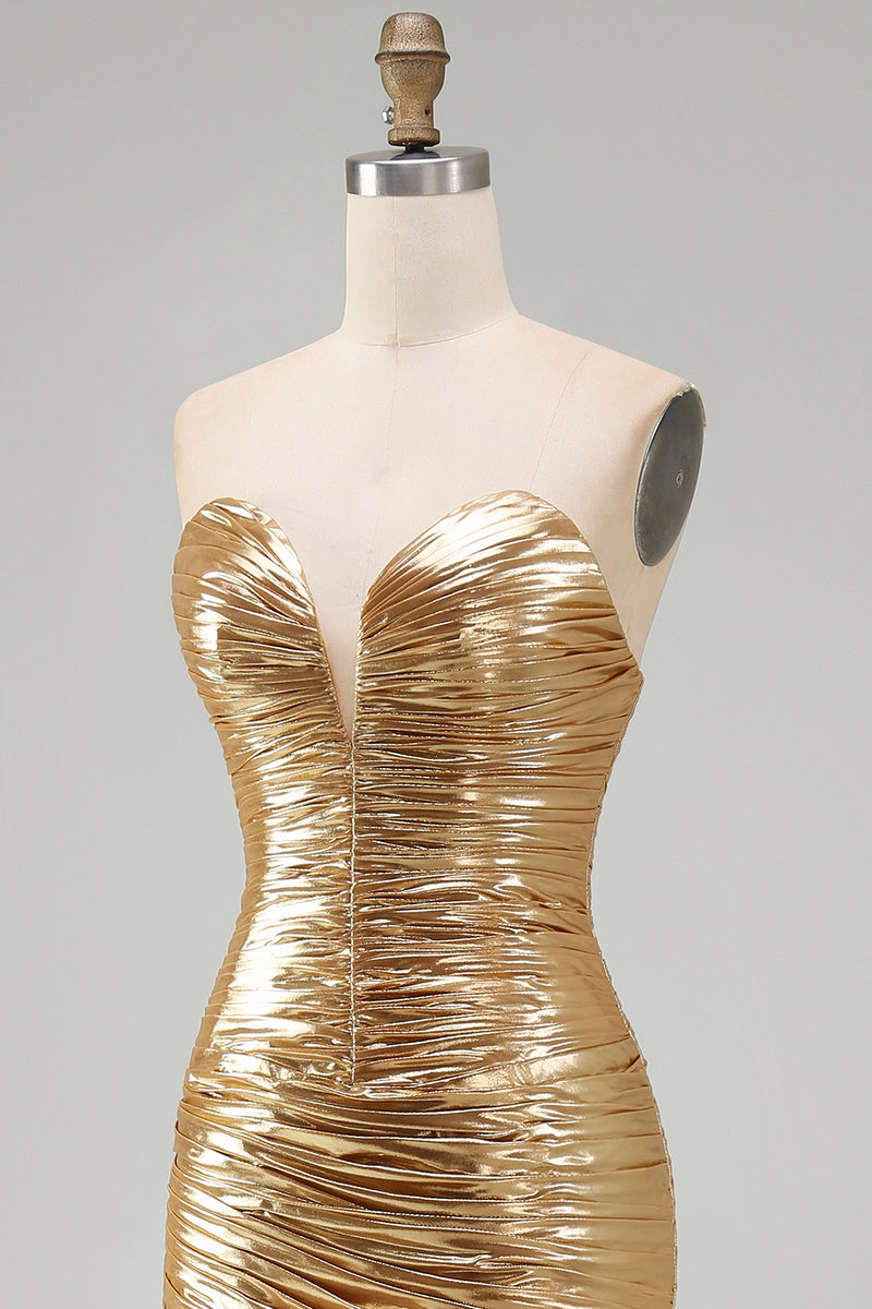 Load image into Gallery viewer, Sparkly Sweetheart Metallic Gold Ruched High-Low Cocktail Dress