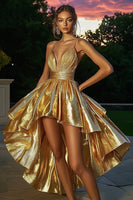 Load image into Gallery viewer, Sparkly A Line Gold Metallic High-Low Cocktail Dress with Ruched