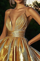 Load image into Gallery viewer, Sparkly A Line Gold Metallic High-Low Cocktail Dress with Ruched