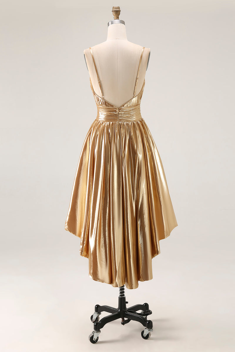 Load image into Gallery viewer, Sparkly A Line Gold Metallic High-Low Cocktail Dress with Ruched