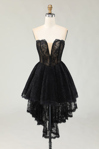 Black Lace Sweetheart High-Low Cocktail Dress with Ruffles