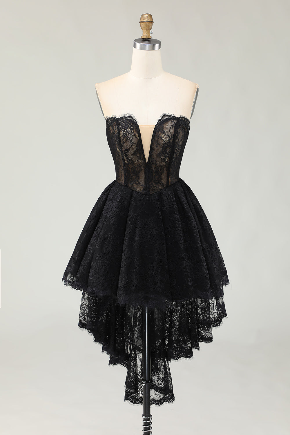 Black Lace Sweetheart High-Low Cocktail Dress with Ruffles