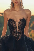 Load image into Gallery viewer, Sweetheart Black Lace A Line Strapless High-Low Cocktail Dress with Ruffles