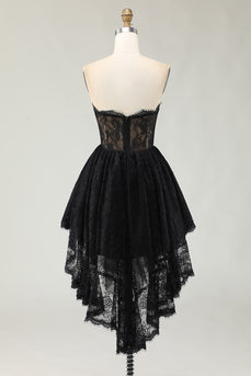 Black Lace Sweetheart High-Low Cocktail Dress with Ruffles