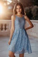 Load image into Gallery viewer, Sparkly Blue A Line Short Sequin Cocktail Dress