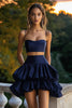 Load image into Gallery viewer, A Line Short Navy 2 Piece Tiered Cocktail Dress with Ruffles