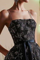 Load image into Gallery viewer, Spaghetti Straps Black Lace Short Homecoming Dress with Sash