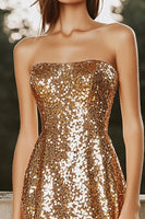 Load image into Gallery viewer, Sparkly Gold A Line Short Strapless Sequin Cocktail Dress