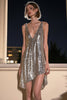 Load image into Gallery viewer, Sparkly Silver Grey Deep V-Neck High-Low Sequin Cocktail Dress