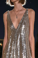Load image into Gallery viewer, Sparkly Silver Grey Deep V-Neck High-Low Sequin Cocktail Dress