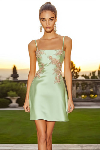 Short Sage Green Floral Spaghetti Straps Cocktail Dress