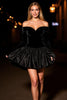 Load image into Gallery viewer, Black Off the Shoulder Short Velvet Homecoming Dress with Sleeves