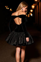 Load image into Gallery viewer, Black Off the Shoulder Short Velvet Homecoming Dress with Sleeves