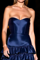 Load image into Gallery viewer, Navy Strapless Corset Satin Short Ruffles Homecoming Dress