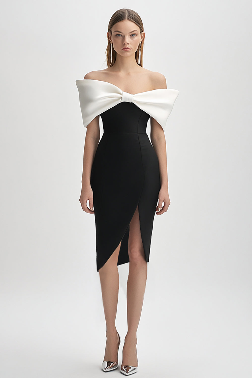 Black and White Short Strapless Bodycon Cocktail Dress with Bow