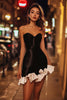 Load image into Gallery viewer, Black and White Sweetheart Short Bodycon Satin Cocktail Dress with Ruffles