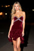 Load image into Gallery viewer, Sparkly Burgundy Short Ruffled Velvet Homecoming Dress with Rhinestones