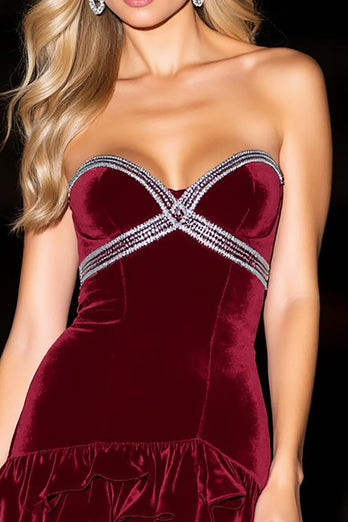 Sparkly Burgundy Short Ruffled Velvet Homecoming Dress with Rhinestones
