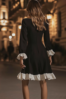 Black and White A Line Short Ruffled Cocktail Dress with Sleeves