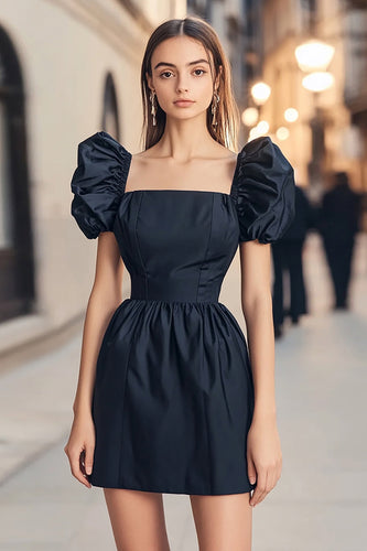 Navy Neck Short Puff Sleeves Square Cocktail Dress