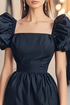 Navy Neck Short Puff Sleeves Square Cocktail Dress
