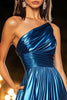 Load image into Gallery viewer, Sparkly Dark Blue One Shoulder Metallic Ruched Short Homecoming Dress