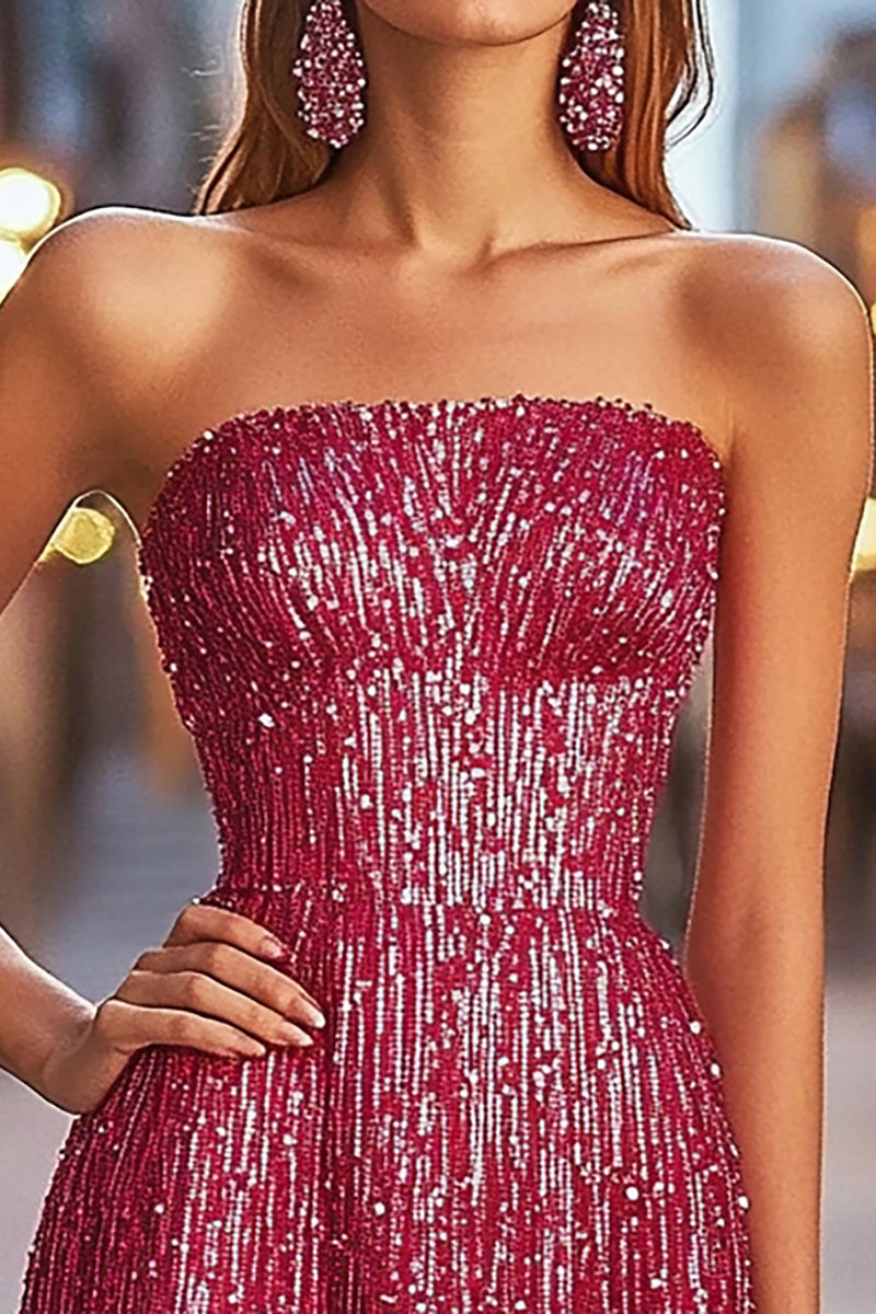 Load image into Gallery viewer, Sparkly Strapless A Line Short Sequin Fuchsia Homecoming Dress