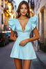 Load image into Gallery viewer, Sky Blue A Line Deep V-Neck Short Cocktail Dress with Ruffles