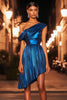 Load image into Gallery viewer, Sparkly Dark Blue One Shoulder Metallic Homecoming Dress with Pleats