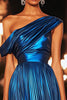 Load image into Gallery viewer, Sparkly Dark Blue One Shoulder Metallic Homecoming Dress with Pleats