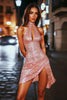 Load image into Gallery viewer, Sparkly Pink Neck High Short Sequin Homecoming Dress with Keyhole
