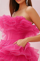 Load image into Gallery viewer, Fuchsia Short Strapless Tulle Tiered Homecoming Dress with Ruffles