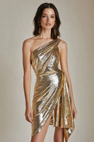 Load image into Gallery viewer, Sparkly One Shoulder Gold Metallic Short Homecoming Dress with Slit