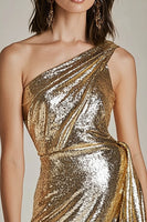 Load image into Gallery viewer, Sparkly One Shoulder Gold Metallic Short Homecoming Dress with Slit