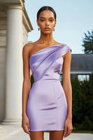 Load image into Gallery viewer, Lilac Tight Short Satin One Shoulder Homecoming Dress