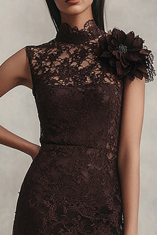 Coffee Lace Short High Neck Tight Homecoming Dress with 3D Flower