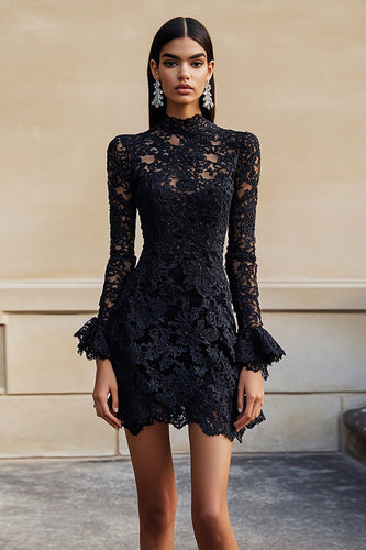 Black High Neck Lace Short Homecoming Dress with Sleeves