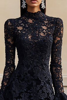 Black High Neck Lace Short Homecoming Dress with Sleeves